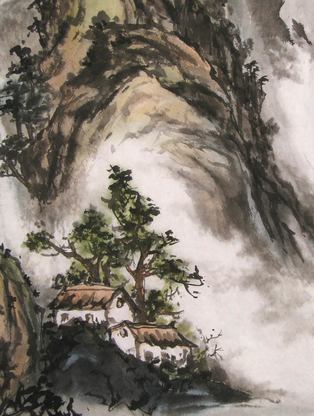 Closeup of houses and mountains