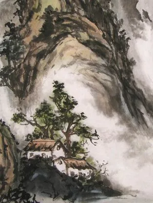 Closeup of houses and mountains