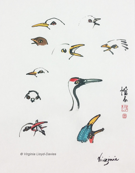 Bird heads painted in Chinese Brush technique