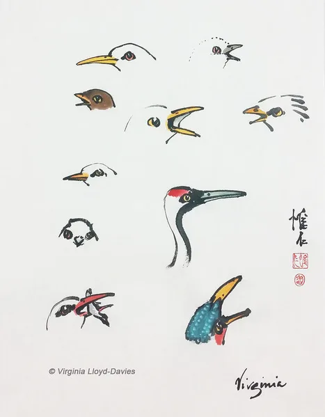 Bird heads painted in Chinese Brush technique