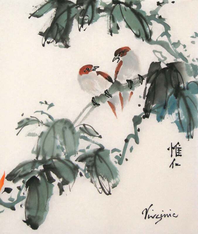 Picture of 2 brown birds and green leaves on rice paper
