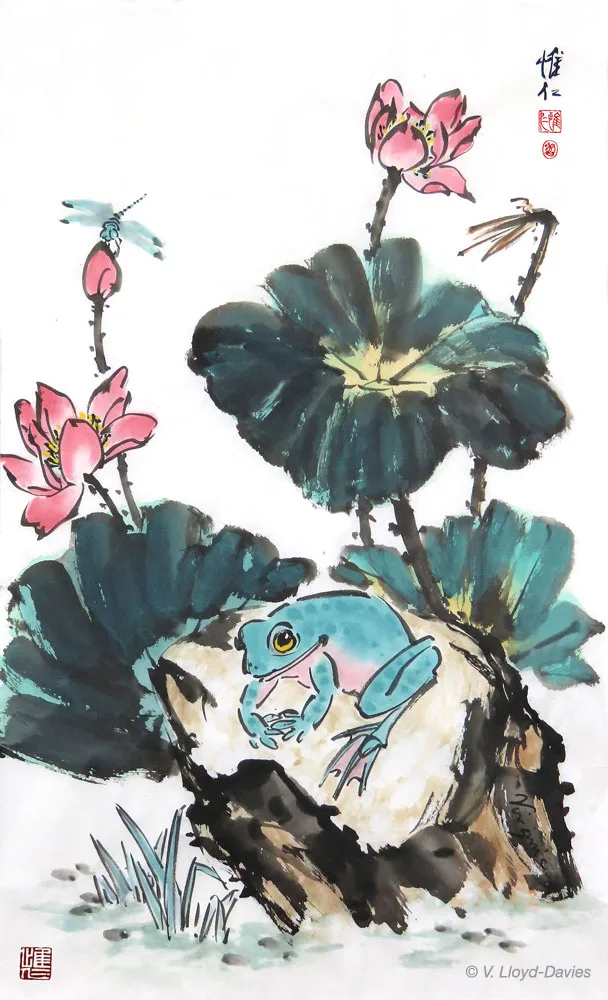 Green frog and dragonfly in pink lotus pond
