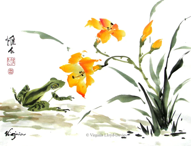 Green frog and orange day lilies