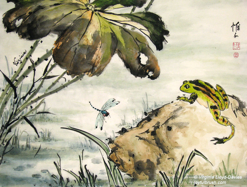 Green frog eyes blue dragonfly from rock watercolor Picture