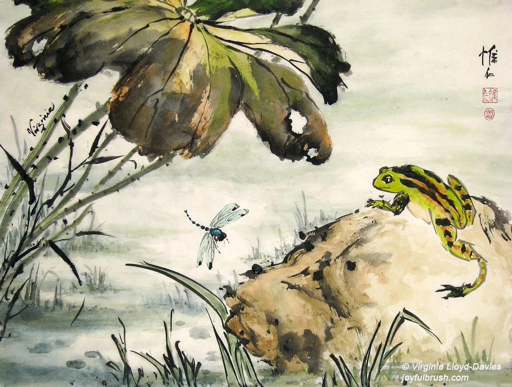 Green frog eyes blue dragonfly from rock watercolor Picture