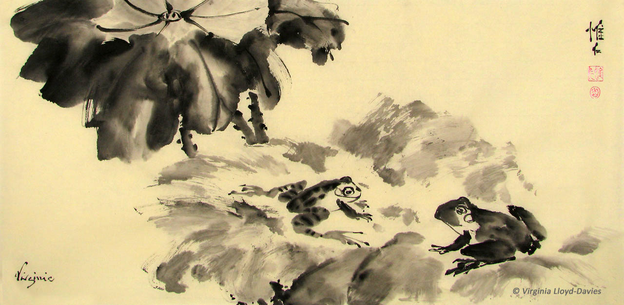 2 black frogs on black ink lotus leavesPicture