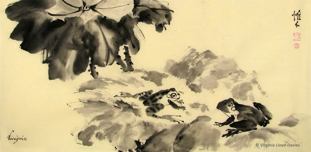 2 black frogs on black ink lotus leavesPicture