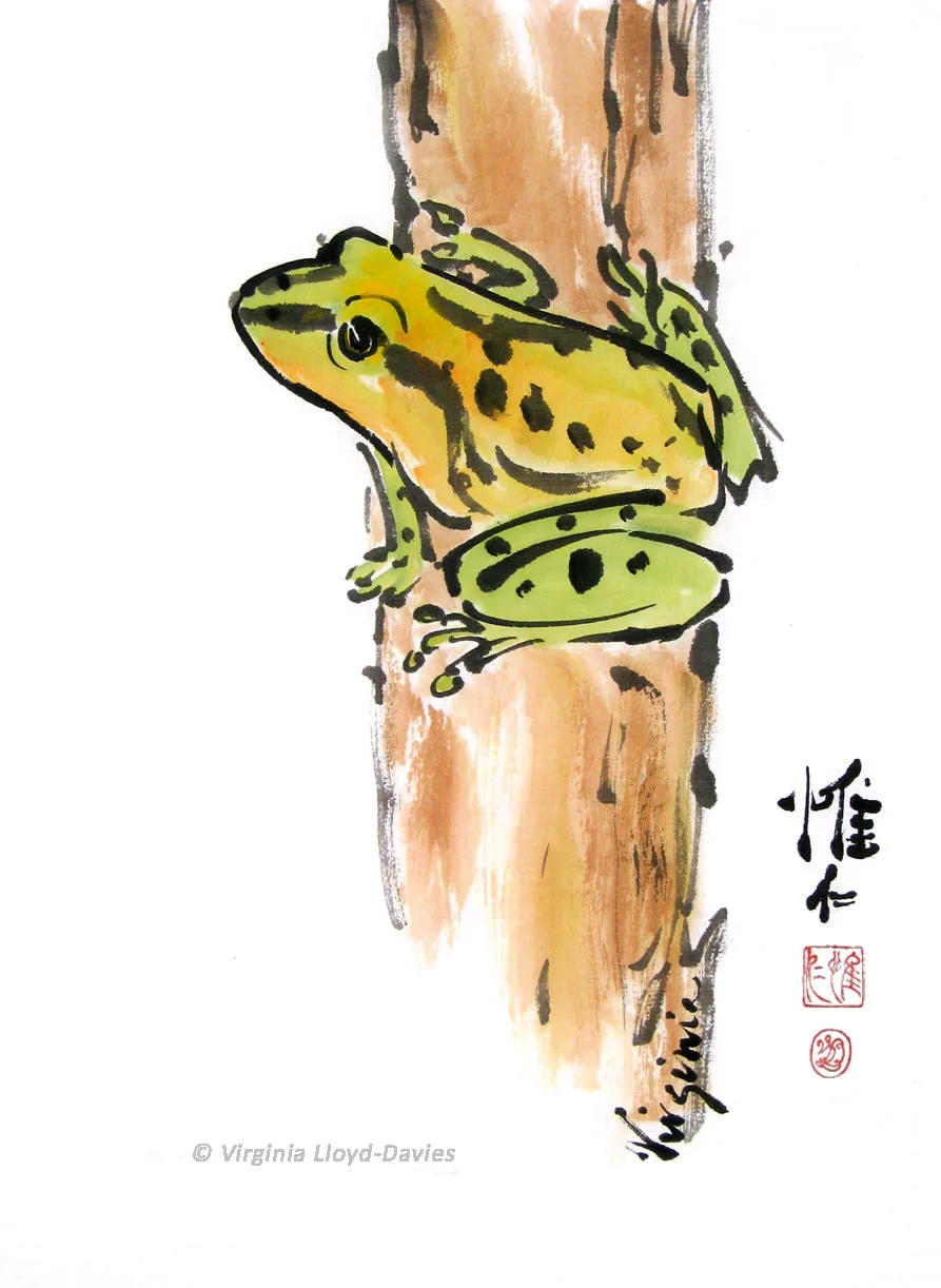 Green tree frog on brown post in watercolor Picture