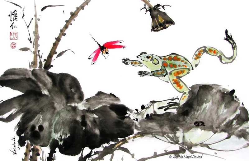 green frog and red dragonfly dancing on black lotus leaves