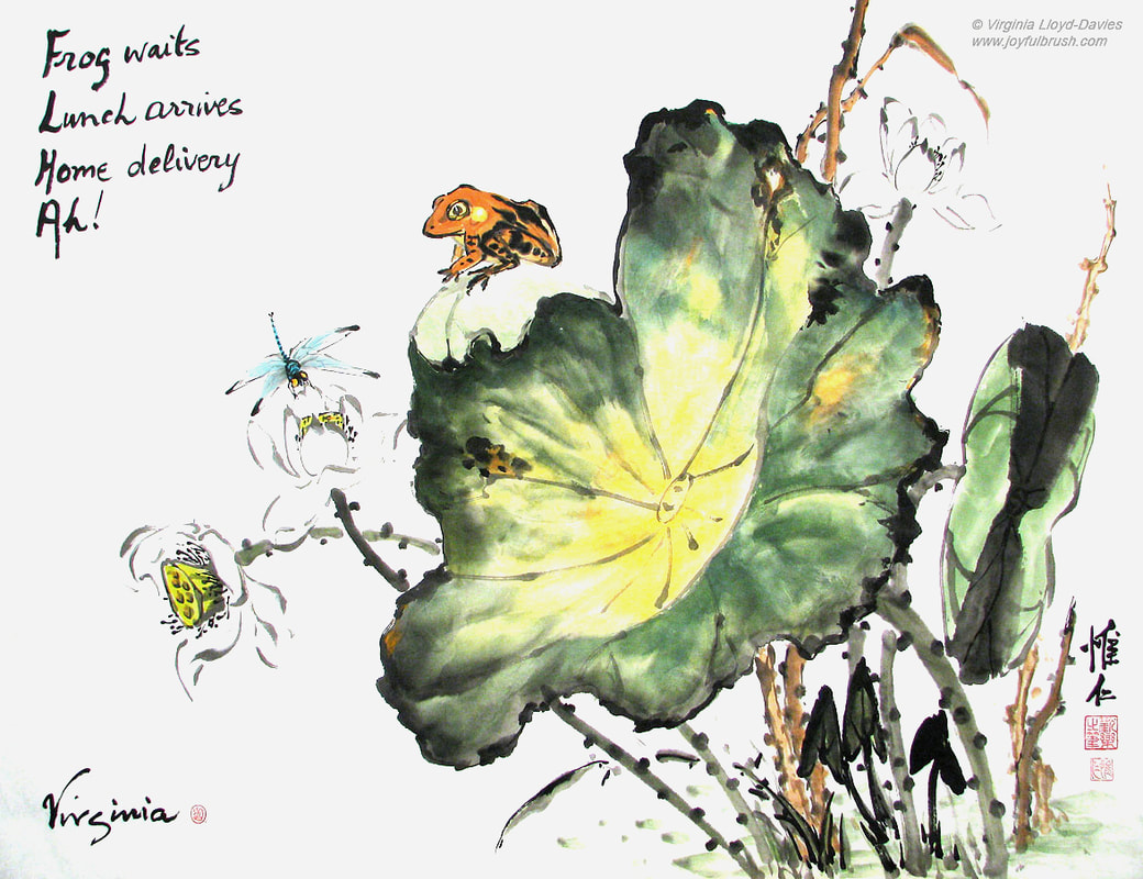 Orange frog sits on lotus, eyeing dragonfly watercolor. Text reads, Frog Waits, Lunch arrives, Home delivery - Ah!Picture