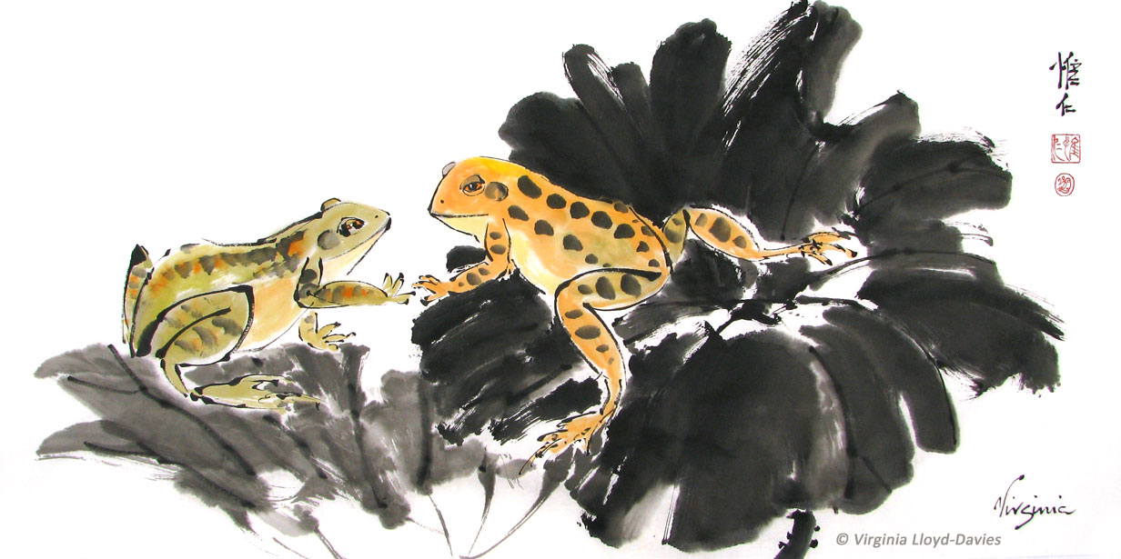 Green and orange frogs on black lotus leavesPicture