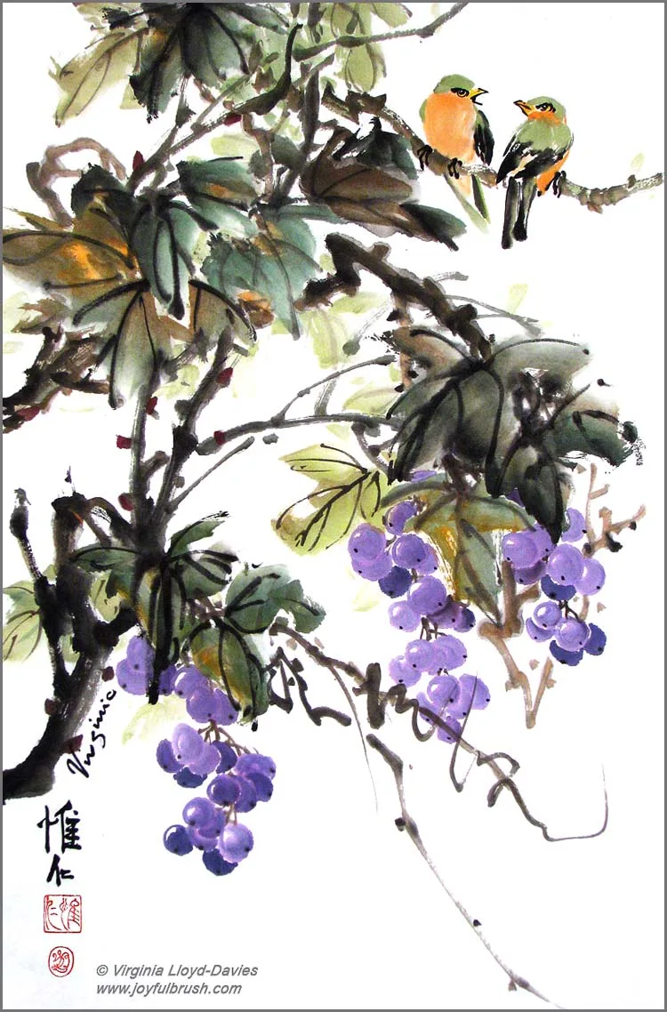 sumi-e purple grapes, orange breasted birds