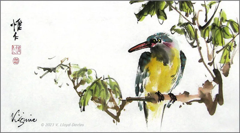 yellow breasted kingfisher with red beak
