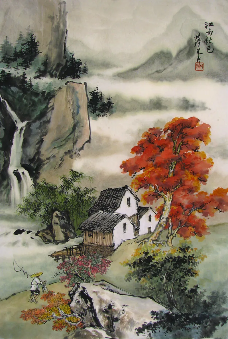 Fisherman, red trees, houses, waterfall