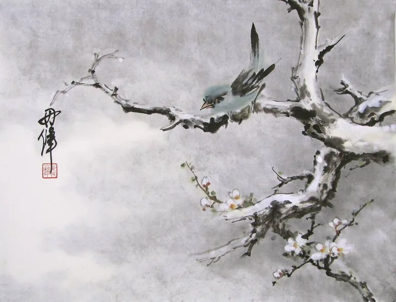 green bird on white plum branch in snow
