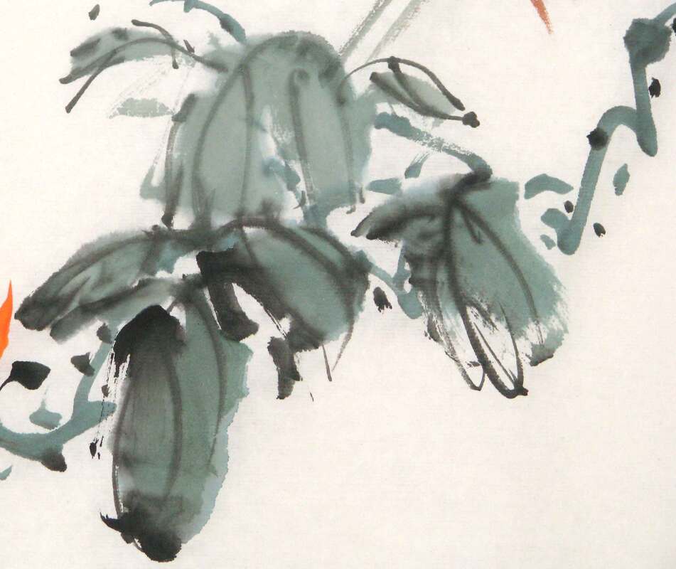 Sumi-e Painting of green leaves on rice paper