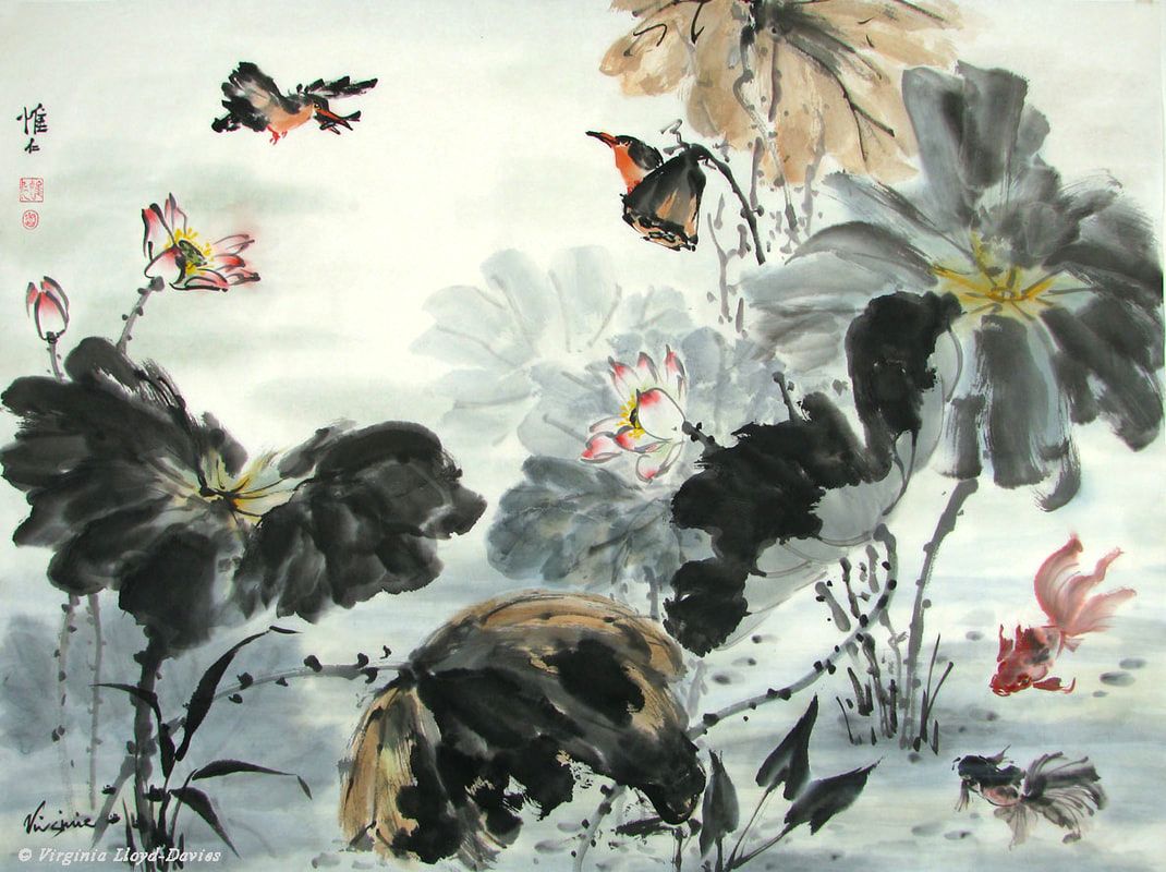 Lotus leaves, flowers, kingfishers, goldfish