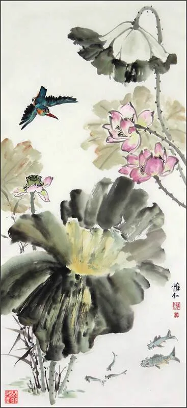 pink lotus flowers, blue kingfisher and small fish