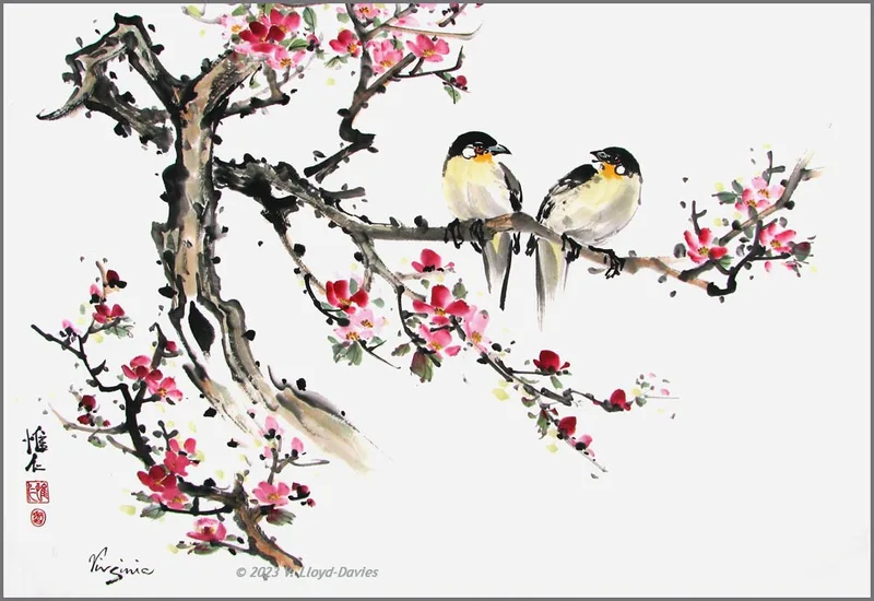 Two birds on dogwood branch