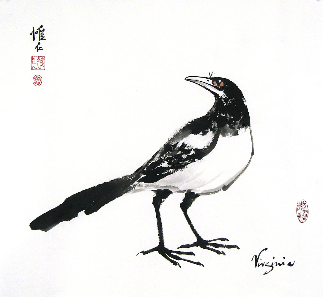 Black ink painting of magpie