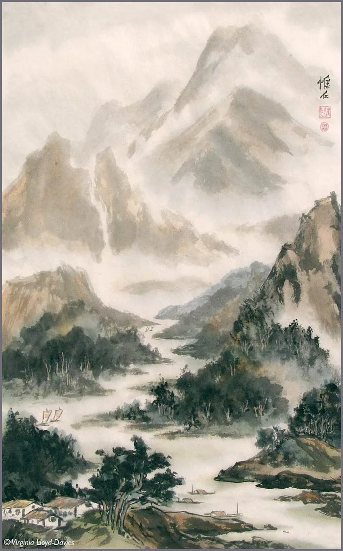 Mountains, river, boats and village in browns, blues and greens