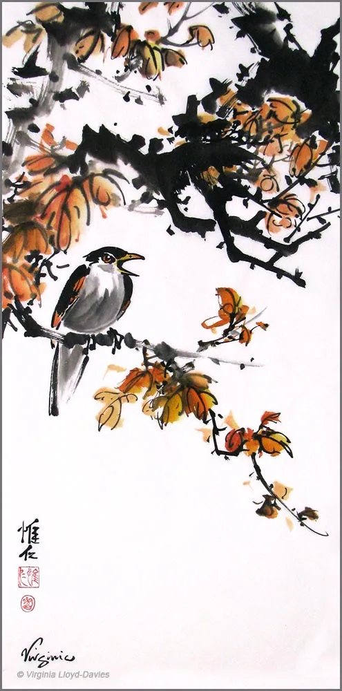 Bird in tree with brown leaves
