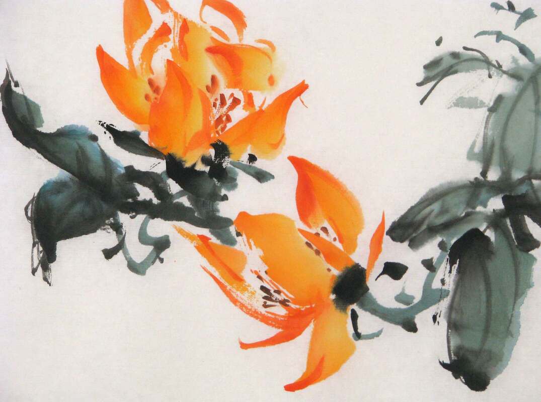 Sumi-e Painting of Orange blossoms and green leaves on rice paper