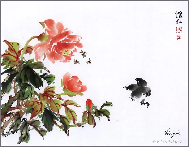 red peony, 3 bees, black chick
