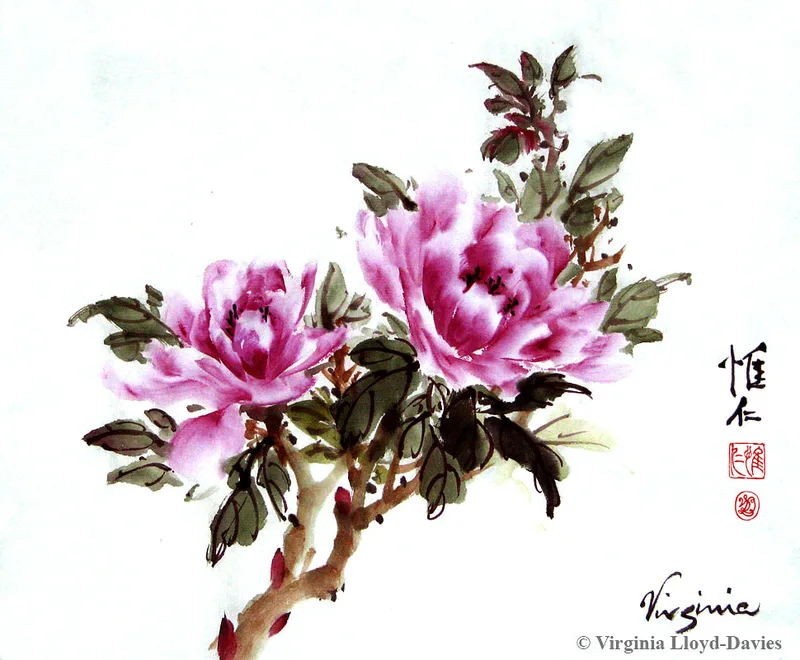 Two magenta peonies with leaves and Chinese artist name signature in black with two seals