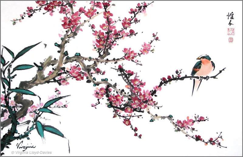Red plum blossoms, green bamboo, bird