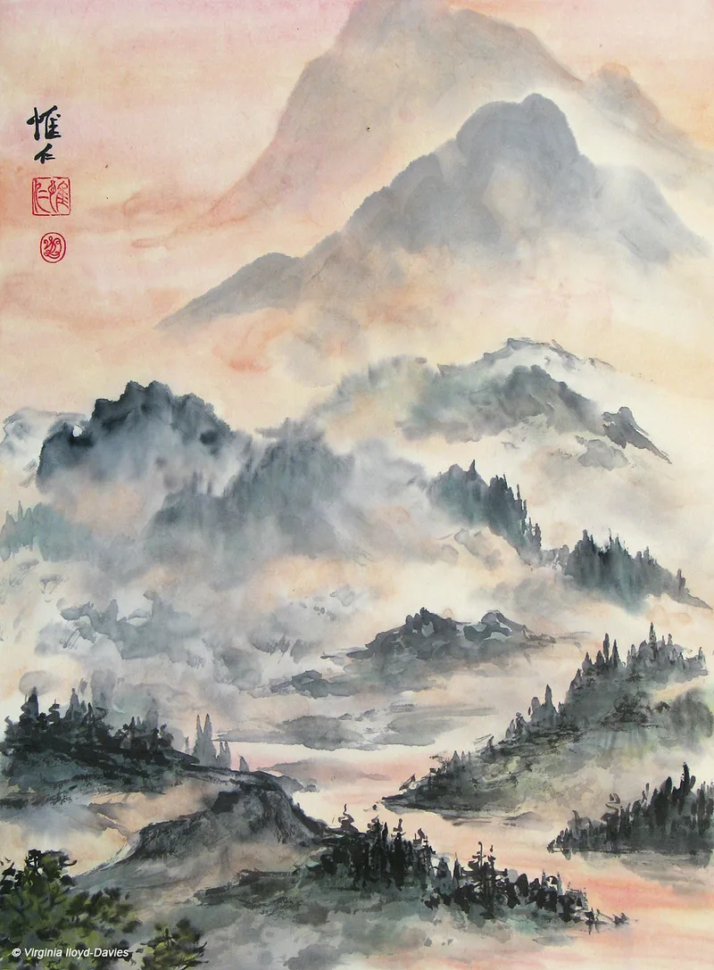 misty landscape in grays and pinks