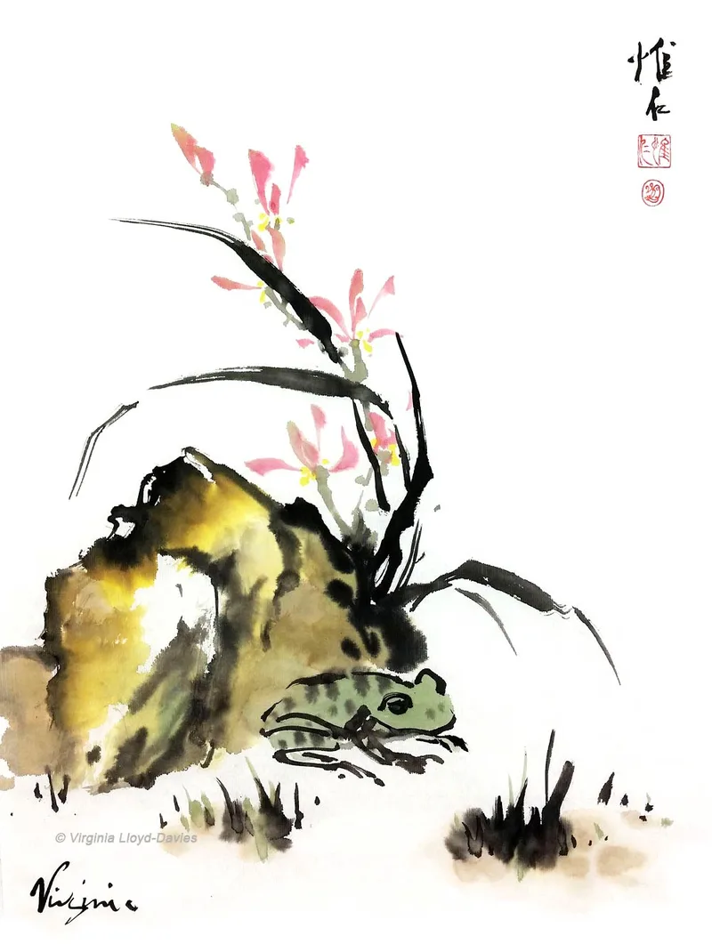 Green Frog and Chinese orchid
