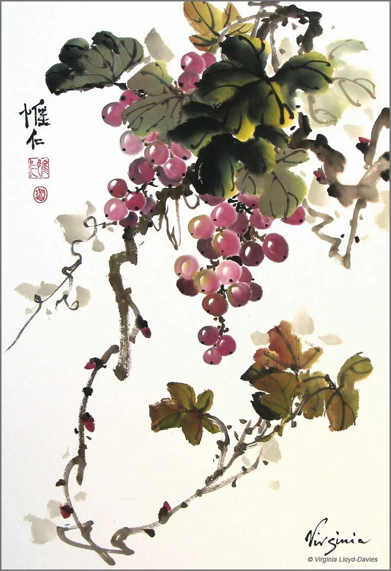 red grapes, green and yellow leaves