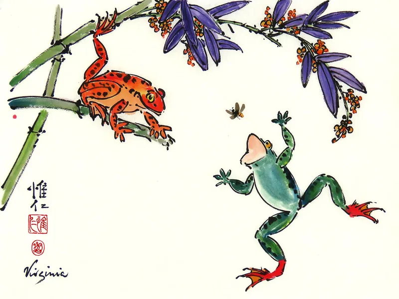 Red frog sitting, green frog jumping for bug