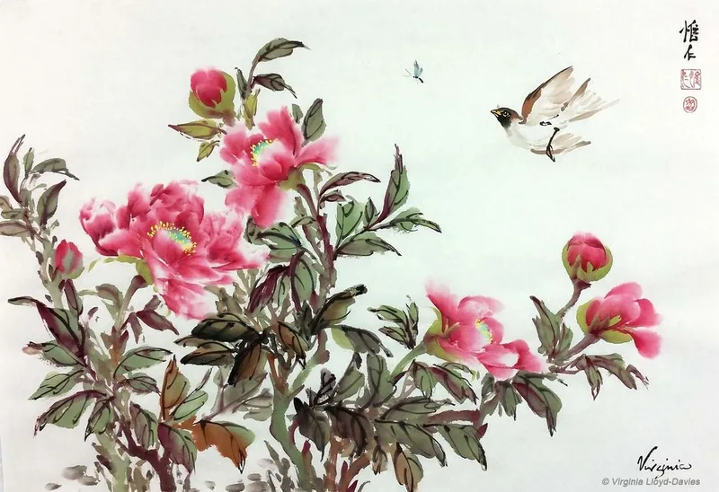 Chinese brush painting of red peonies with bird flying after blue bug