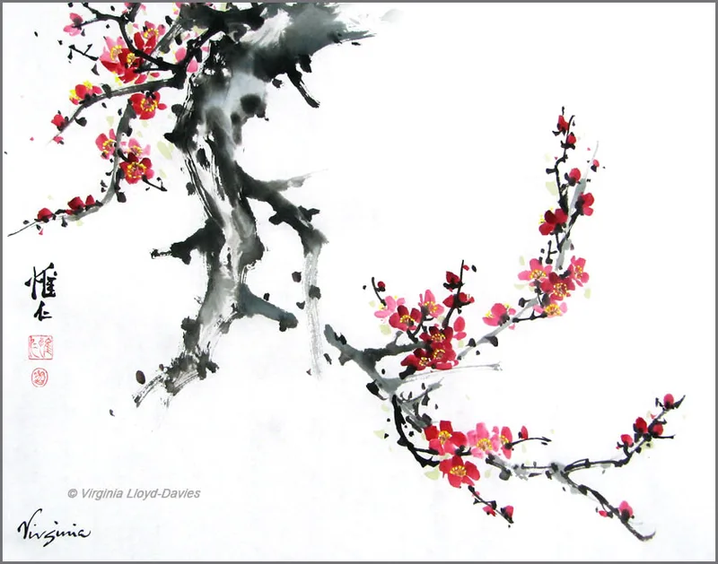 Red plum blossoms on a blue-grey trunk
