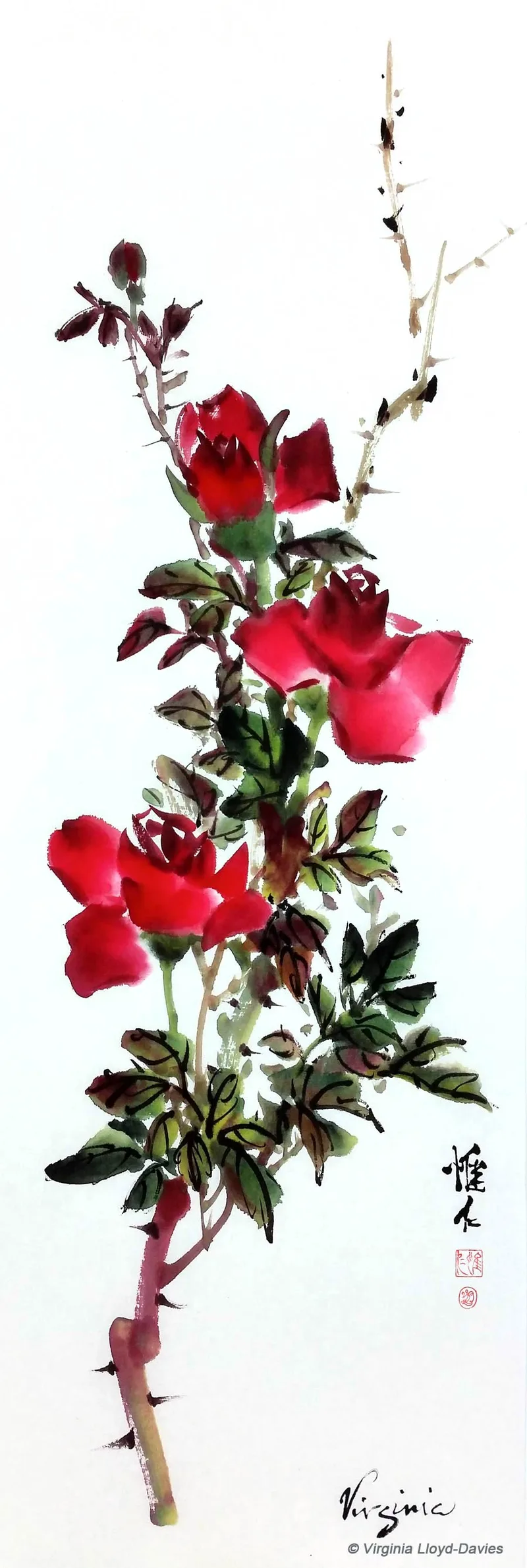 Chinese brush painting of red roses