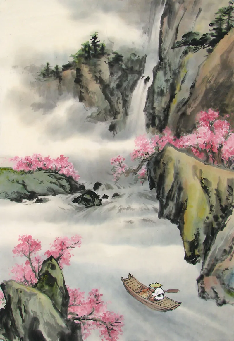 rocks, waterfalls, man in boat