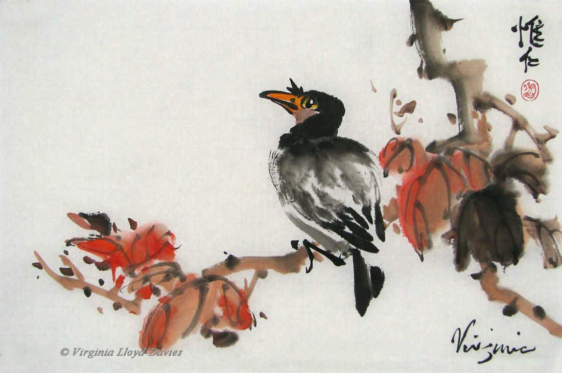 Painting of Chinese bird on maple branch