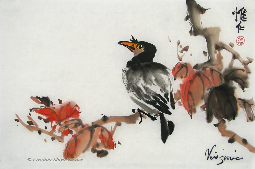 Painting of Chinese bird on maple branch