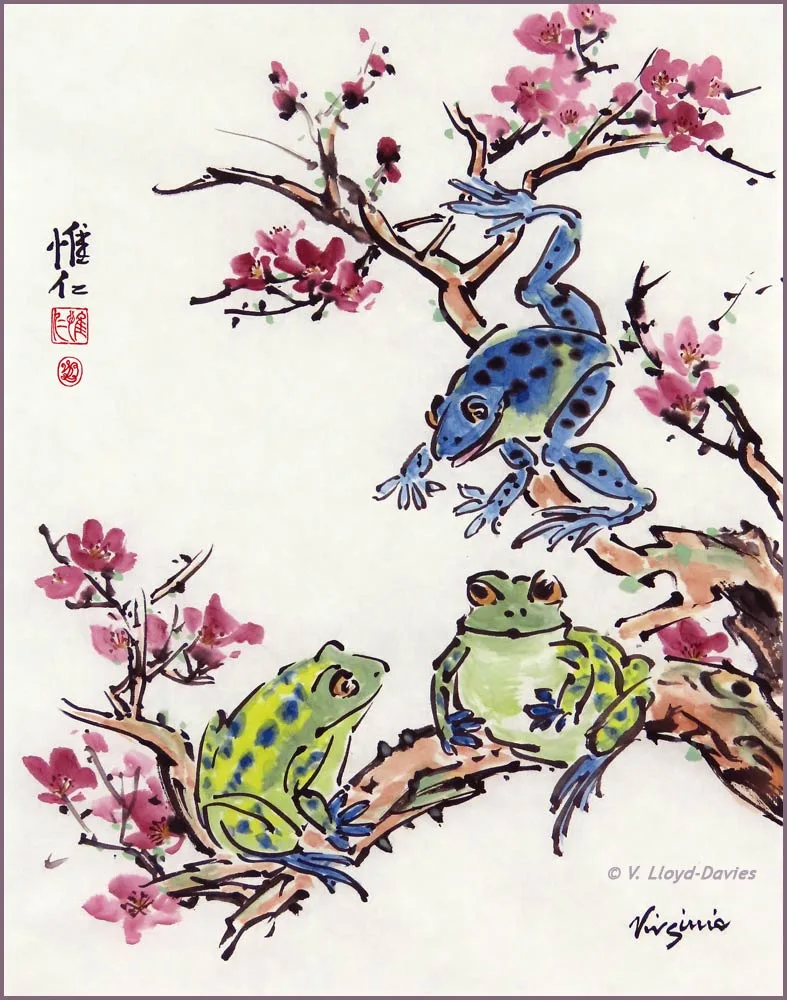 Blue frog an 2 green frogs on flowering plum