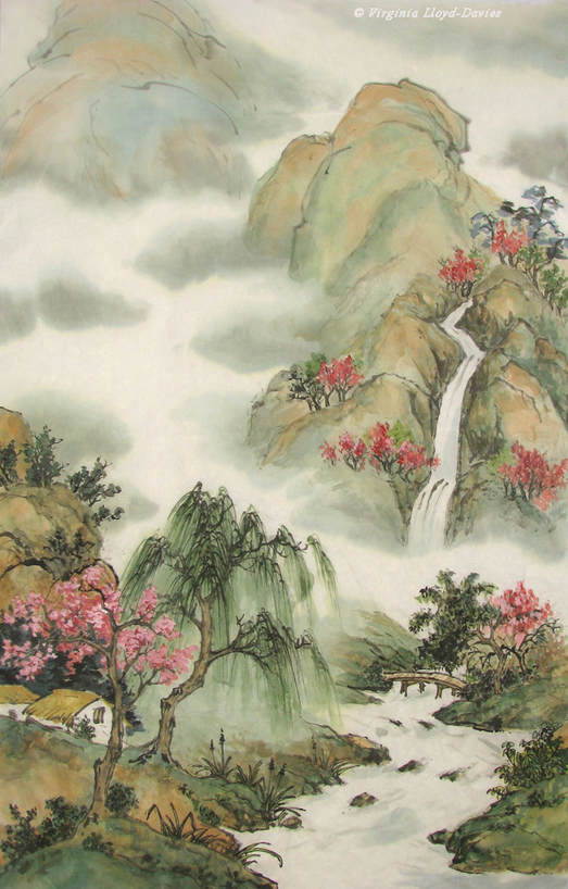 Painting of Cabins by a Stream