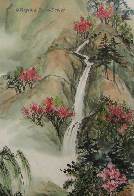 Painting of narrowed waterfall and pines added