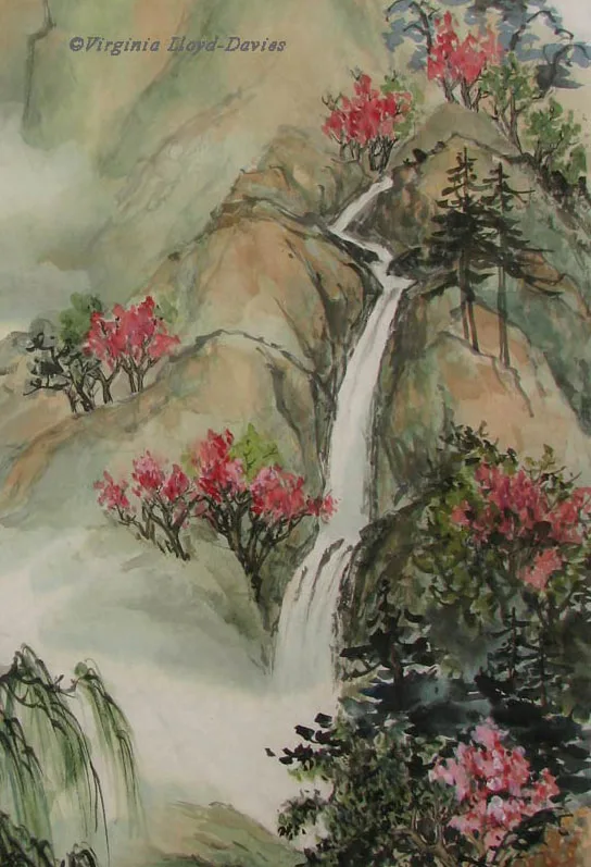 Painting of narrowed waterfall and pines added