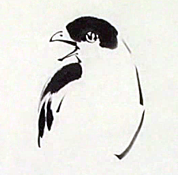 black ink painting of sumi-e bird facing front