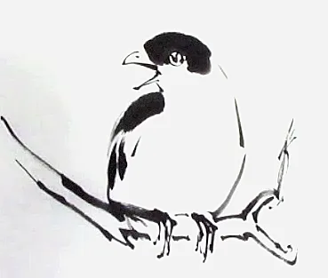 Black ink sumi-e painting of bird sitting on branch