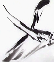 Black ink sumi-e painting of bird tail