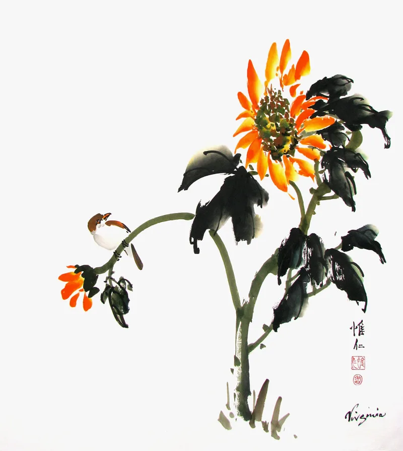 Orange Sumi-e sunflower and bird on rice paper