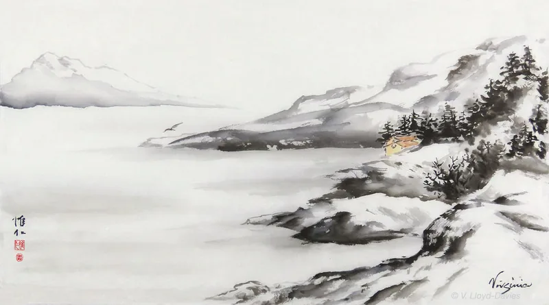 Snow on a lake with a cabin