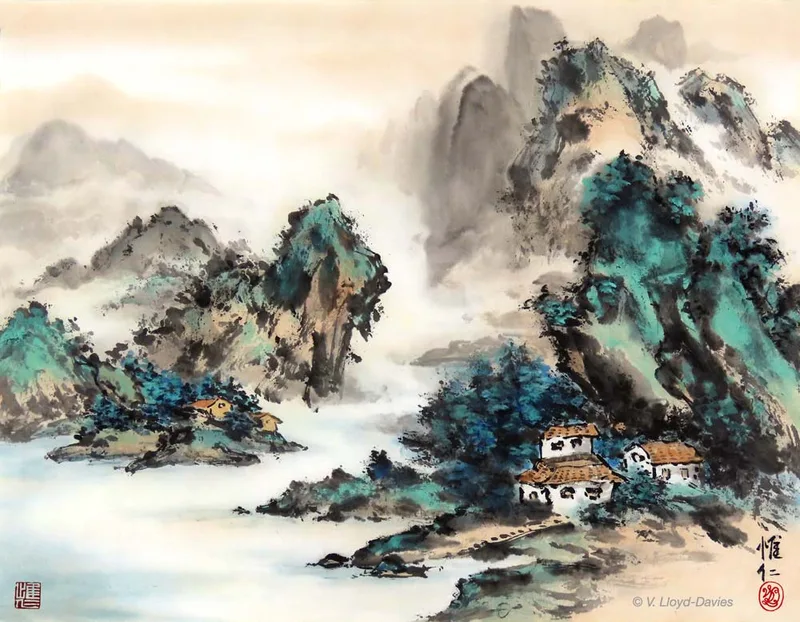 Blue-green mountains and houses at dawn